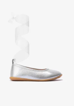 Fashion Bailarinas De Niña Lazo Metalizado Plata Zapatos De Ceremonia|Bailarinas