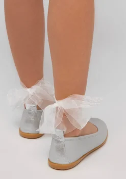 Fashion Bailarinas De Niña Lazo Metalizado Plata Zapatos De Ceremonia|Bailarinas
