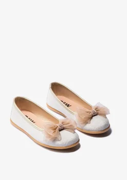 New Bailarinas De Niña Lazo Platino B&W Zapatos|Zapatos De Ceremonia