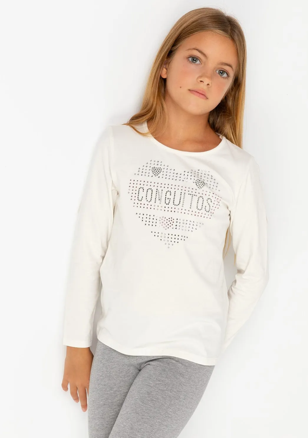 Best Sale Camiseta De Niña Corazón Strass Blanco Camisetas|Camisetas Manga Larga