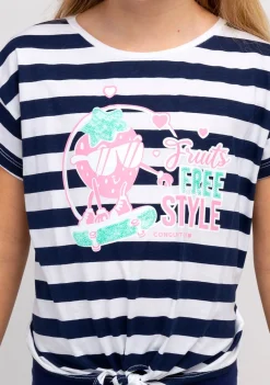 Flash Sale Camiseta Niña Rayas Estampado Fresas Anudada Camisetas
