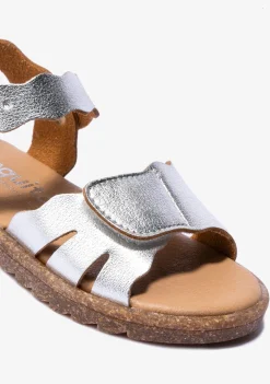 New Sandalias De Niña Tira Adherente Metalizado Plata Sandalias